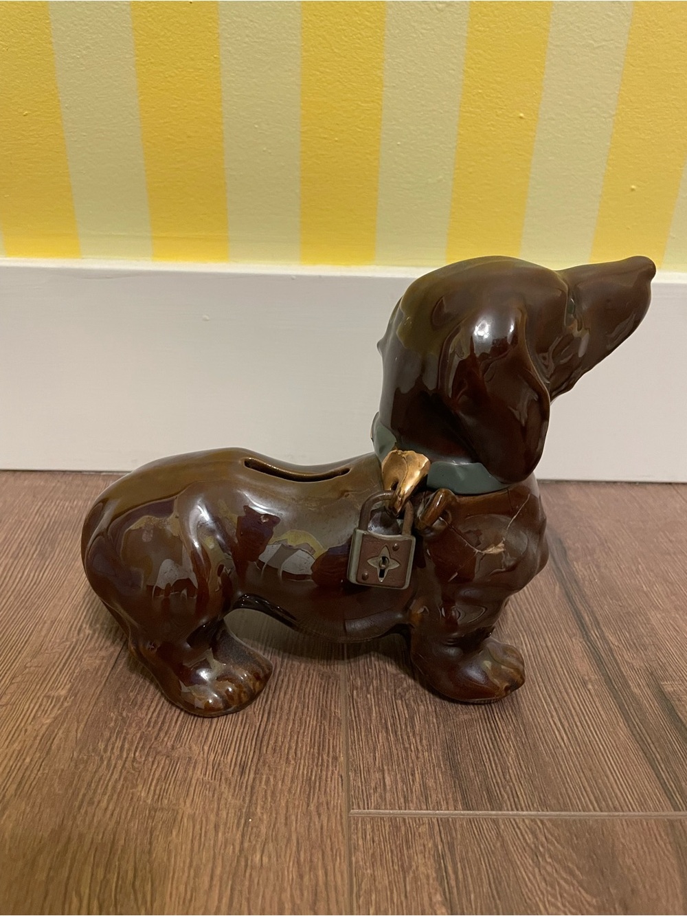 Brown Ceramic Dachshund Coin Bank with Collar Accent